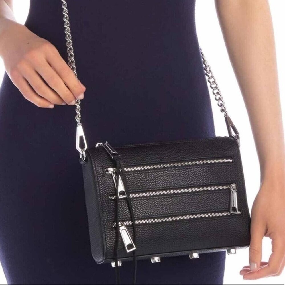 REBECCA MINKOFF Black Square Zippers Pebbled Leather Crossbody